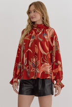 Load image into Gallery viewer, Rust Printed mock neck long sleeve open back top
