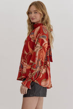 Load image into Gallery viewer, Rust Printed mock neck long sleeve open back top
