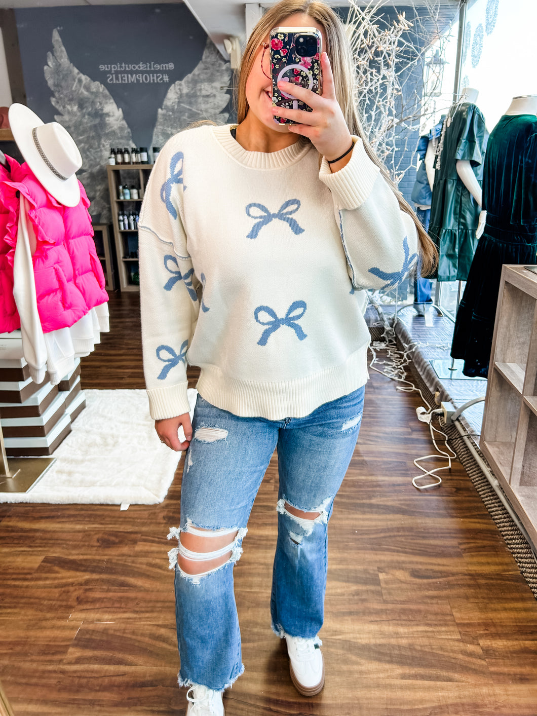 KELSEE-Long sleeve bow pattern sweater