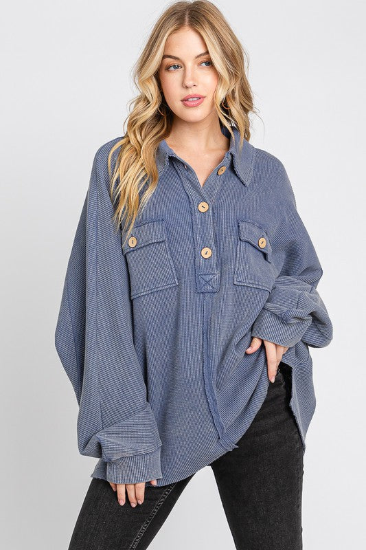 BRIAH- Washed Navy collared waffle knit oversized top #B12C4