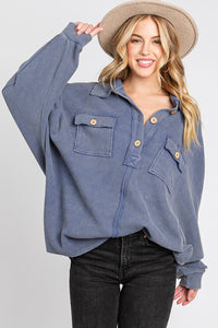 BRIAH- Washed Navy collared waffle knit oversized top #B12C4