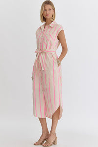 Casual Chic- striped midi length button down collared dress