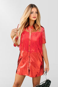 GAME DAY- Metallic Red fringe detailed button up dress I