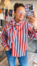 Load image into Gallery viewer, Bow neck striped button up top
