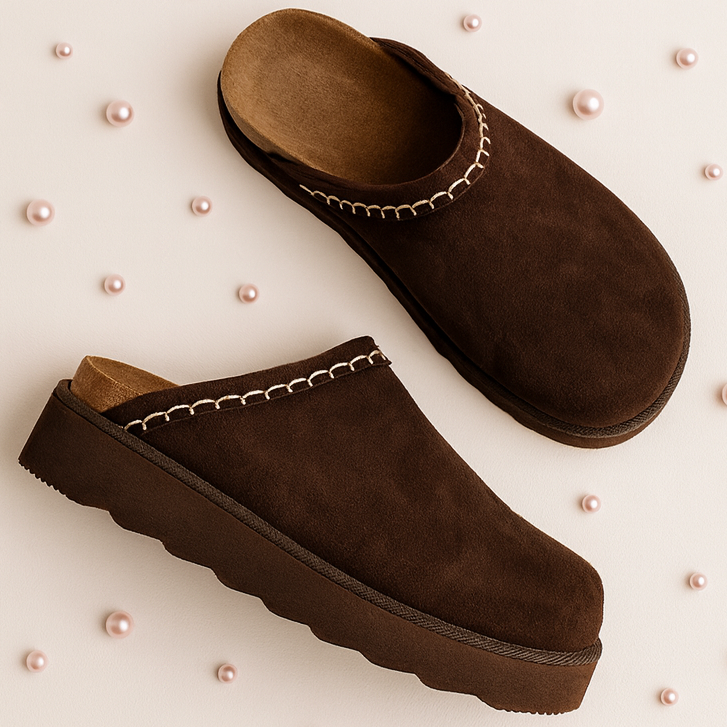 Outwoods- Dark brown suede platform slide on shoes
