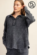 Plus washed black waffle knit polo sweatshirt