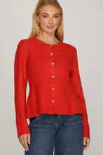 Load image into Gallery viewer, Red peplum front heart button closure cardigan
