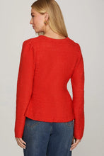 Load image into Gallery viewer, Red peplum front heart button closure cardigan
