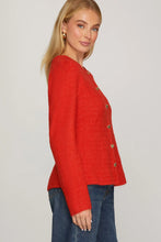 Load image into Gallery viewer, Red peplum front heart button closure cardigan

