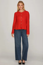 Load image into Gallery viewer, Red peplum front heart button closure cardigan
