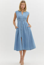 Load image into Gallery viewer, KATIE- Light denim Denim sleeveless midi dress featuring zip up detail at front and Smocked waist dress
