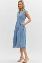 Load image into Gallery viewer, KATIE- Light denim Denim sleeveless midi dress featuring zip up detail at front and Smocked waist dress
