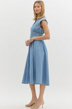 Load image into Gallery viewer, KATIE- Light denim Denim sleeveless midi dress featuring zip up detail at front and Smocked waist dress
