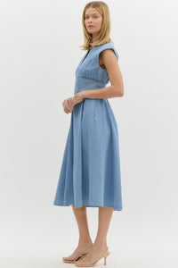 KATIE- Light denim Denim sleeveless midi dress featuring zip up detail at front and Smocked waist dress