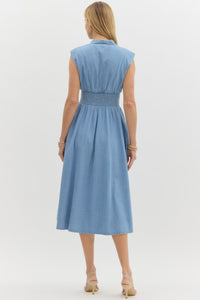 KATIE- Light denim Denim sleeveless midi dress featuring zip up detail at front and Smocked waist dress