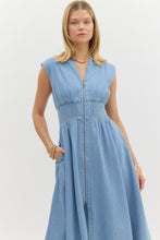 Load image into Gallery viewer, KATIE- Light denim Denim sleeveless midi dress featuring zip up detail at front and Smocked waist dress
