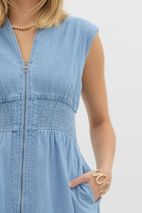 KATIE- Light denim Denim sleeveless midi dress featuring zip up detail at front and Smocked waist dress