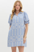 Load image into Gallery viewer, CALLIE- Abstract print spread collar pullover mini dress featuring elasticated short bubble sleeve with fixed tie dress
