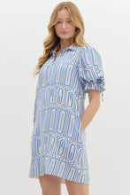 Load image into Gallery viewer, CALLIE- Abstract print spread collar pullover mini dress featuring elasticated short bubble sleeve with fixed tie dress
