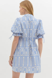 CALLIE- Abstract print spread collar pullover mini dress featuring elasticated short bubble sleeve with fixed tie dress