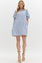 Load image into Gallery viewer, CALLIE- Abstract print spread collar pullover mini dress featuring elasticated short bubble sleeve with fixed tie dress
