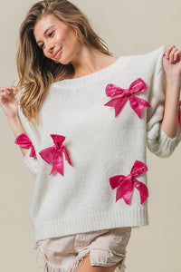 LAURA - Sequin Bow Trum short sleeve puff shoulder sweater top