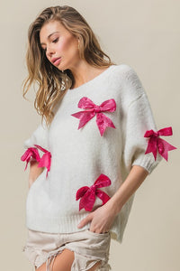 LAURA - Sequin Bow Trum short sleeve puff shoulder sweater top