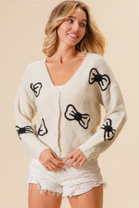 KIM- ivory fuzzy embroidered bow cardigan