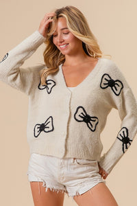 KIM- ivory fuzzy embroidered bow cardigan