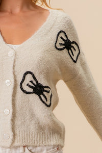 KIM- ivory fuzzy embroidered bow cardigan