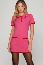 Load image into Gallery viewer, MOIRA- SHORT SLEEVE EDGE CONTRASTED SWEATER MINI DRESS WITH FRONT POCKETS
