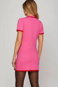 MOIRA- SHORT SLEEVE EDGE CONTRASTED SWEATER MINI DRESS WITH FRONT POCKETS