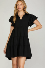 Load image into Gallery viewer, BROOKE- Black Flutter Sleevecollared tiered dress
