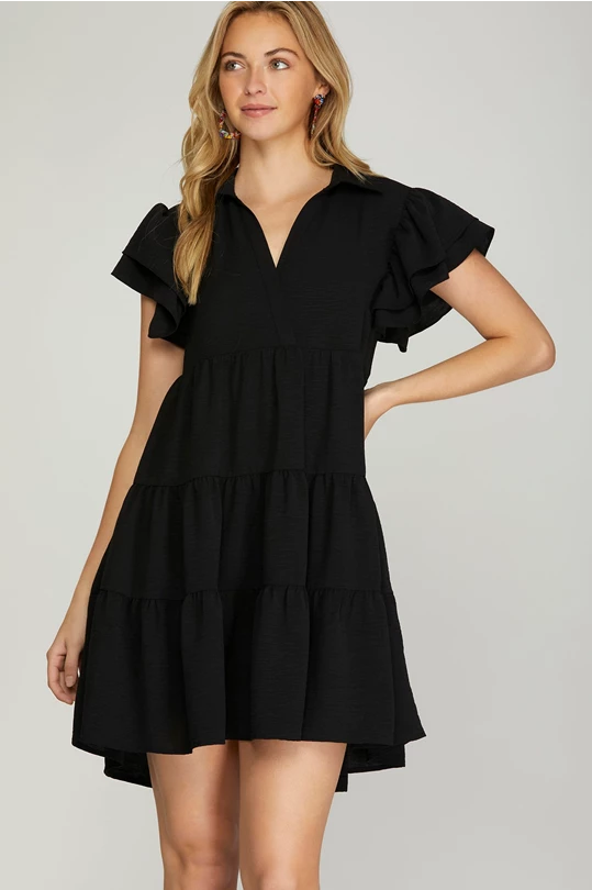 BROOKE- Black Flutter Sleevecollared tiered dress