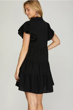 Load image into Gallery viewer, BROOKE- Black Flutter Sleevecollared tiered dress
