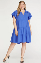 Load image into Gallery viewer, PLUS Brooke- cobalt blue FLUTTER SLEEVE COLLARED TIERED V NECK WOVEN DRESS
