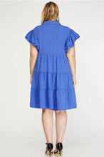 Load image into Gallery viewer, PLUS Brooke- cobalt blue FLUTTER SLEEVE COLLARED TIERED V NECK WOVEN DRESS
