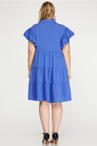 PLUS Brooke- cobalt blue FLUTTER SLEEVE COLLARED TIERED V NECK WOVEN DRESS