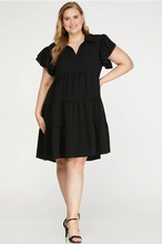 Load image into Gallery viewer, PLUS Brooke- Black FLUTTER SLEEVE COLLARED TIERED V NECK WOVEN DRESS
