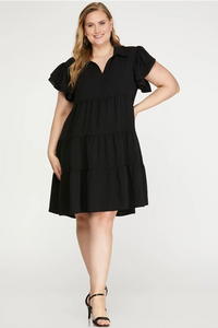 PLUS Brooke- Black FLUTTER SLEEVE COLLARED TIERED V NECK WOVEN DRESS