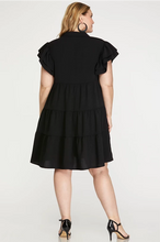 Load image into Gallery viewer, PLUS Brooke- Black FLUTTER SLEEVE COLLARED TIERED V NECK WOVEN DRESS
