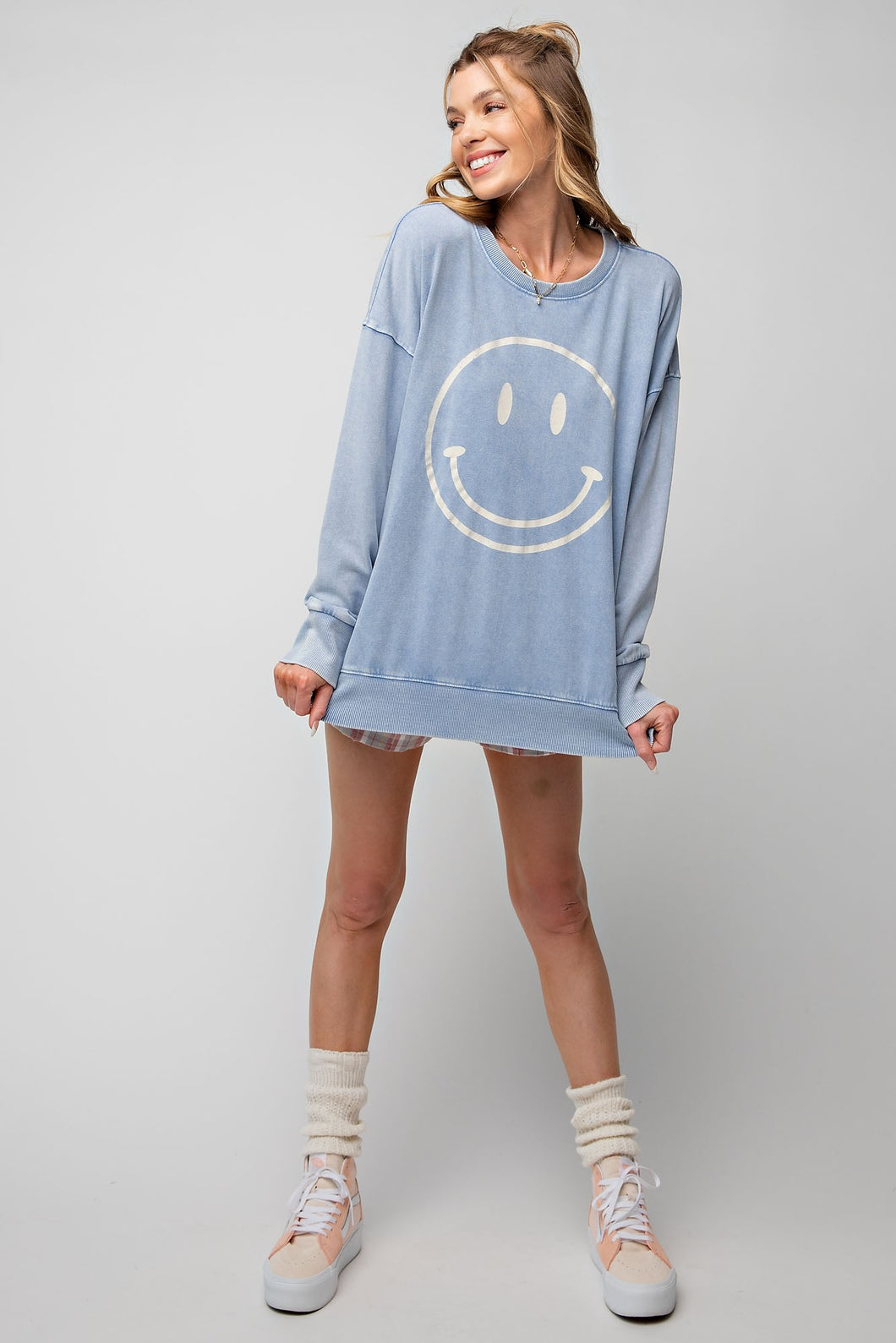 Plus Happy Face- peri blue loose fit pullover