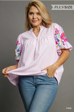 Load image into Gallery viewer, PLUS LILY - Striped light pink embroidered sleeve top
