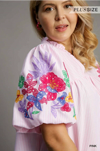 Load image into Gallery viewer, PLUS LILY - Striped light pink embroidered sleeve top
