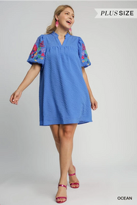 PLUS BELLA- ocean blue Checkered Seersucker Bubble Sleeve Embroidery Short Dress