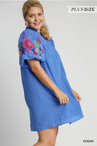 PLUS BELLA- ocean blue Checkered Seersucker Bubble Sleeve Embroidery Short Dress