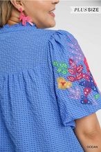 Load image into Gallery viewer, PLUS BELLA- ocean blue Checkered Seersucker Bubble Sleeve Embroidery Short Dress
