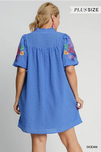 PLUS BELLA- ocean blue Checkered Seersucker Bubble Sleeve Embroidery Short Dress