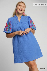 PLUS BELLA- ocean blue Checkered Seersucker Bubble Sleeve Embroidery Short Dress