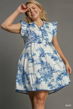 Load image into Gallery viewer, Plus Eden-Two Tone Landscape Print Mini Dress with Ruffle Sleeves &amp; Contrast Piping
